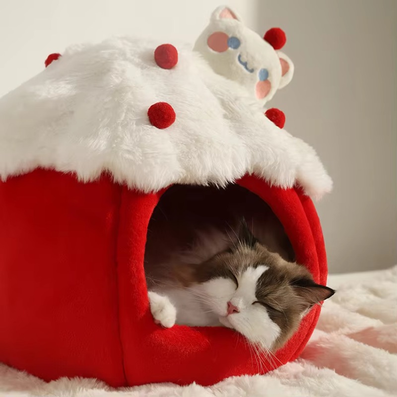 Sustainable Living House - 冬のスタイルペット猫用洞窟ハウス | 取り外し可能なソフトフォームパッド付きの居心地の良い暖かい巣（室内猫と子猫用）